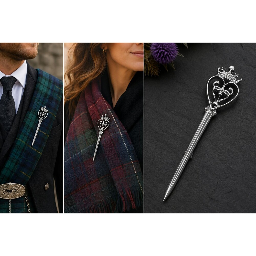 Vintage Unisex Pin Scottish Sword Kilt Brooch 3" Scotland Silver Tone Celtic